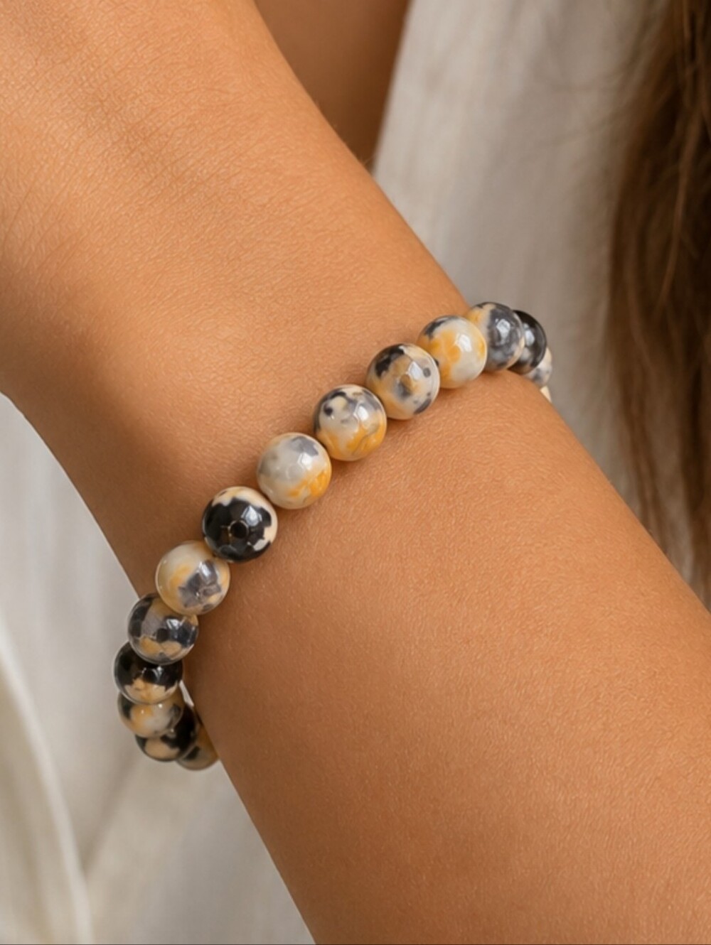 Polished Yellow-Black Agate Beaded Stretch Bracelet - Women Jewelry